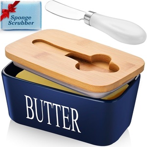 image:imageButter Dish with Lid Large Butter Container for Countertop Ceramic Butter Holder for Counter Butter Tray Butter Keeper with Knife and Sponge Scrubber Perfect for 2 Sticks of Butter WhiteBlue