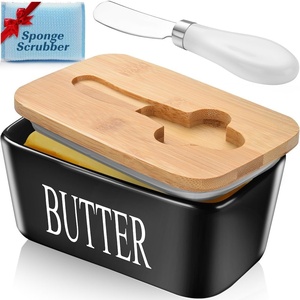 image:imageButter Dish with Lid Large Butter Container for Countertop Ceramic Butter Holder for Counter Butter Tray Butter Keeper with Knife and Sponge Scrubber Perfect for 2 Sticks of Butter WhiteBlack