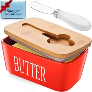 image:imageButter Dish with Lid Large Butter Container for Countertop Ceramic Butter Holder for Counter Butter Tray Butter Keeper with Knife and Sponge Scrubber Perfect for 2 Sticks of Butter WhiteRed