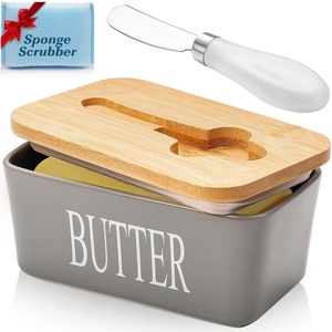 image:imageButter Dish with Lid Large Butter Container for Countertop Ceramic Butter Holder for Counter Butter Tray Butter Keeper with Knife and Sponge Scrubber Perfect for 2 Sticks of Butter WhiteGray