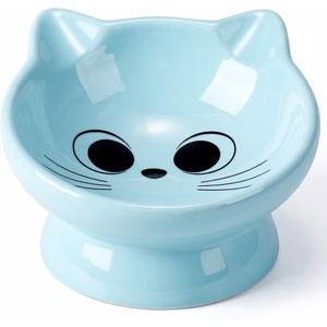 image:imageRaised Cat Food Bowl Ceramic 15 Tilted Cat Food Bowls Protect Cats Spine Anti Vomiting Backflow Prevention Bowls for Adult Kitty Kitten and Small Dogs GreenFaceBlue1P